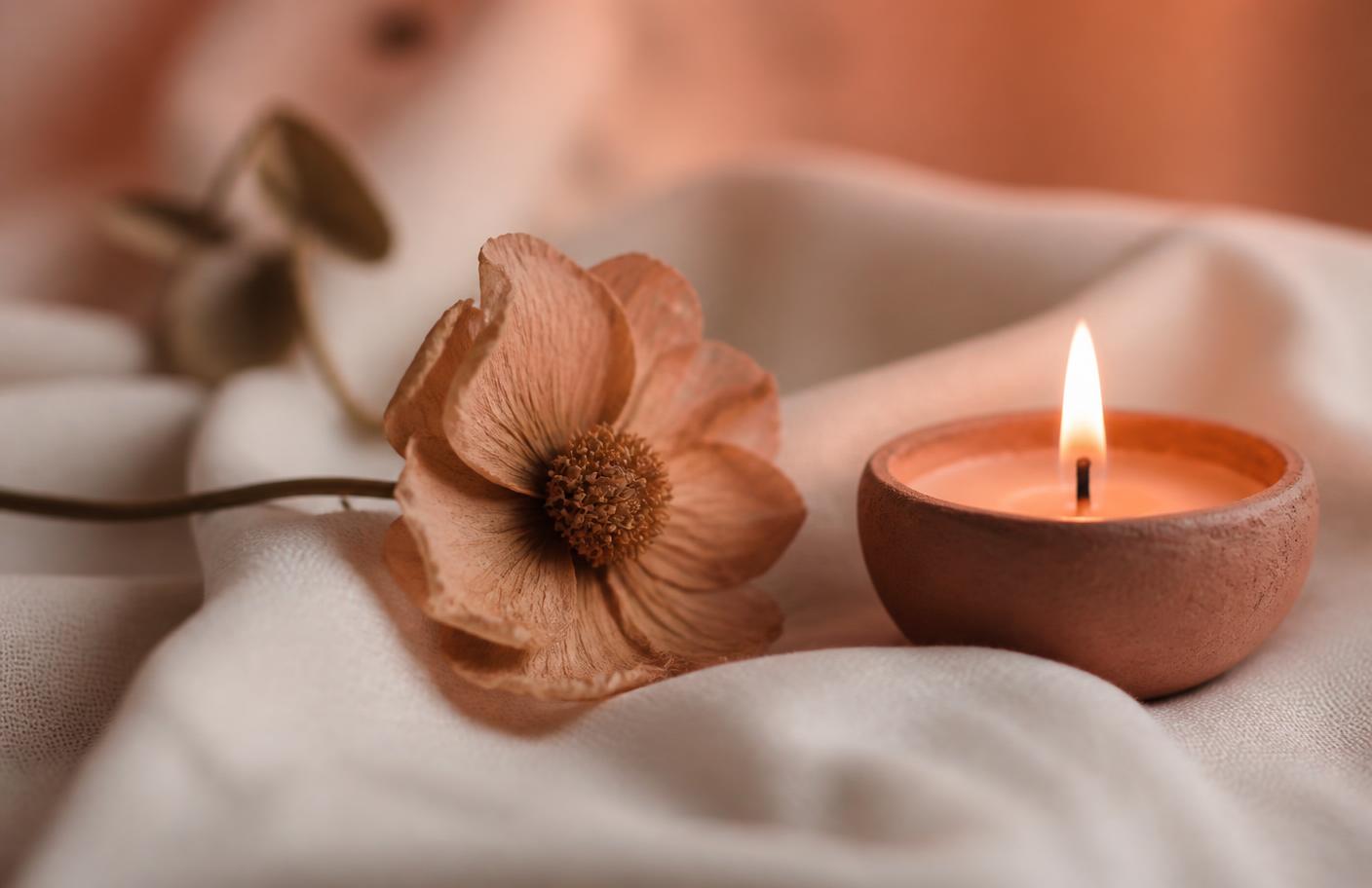 Flor seca junto a una vela encendida sobre lino marfil