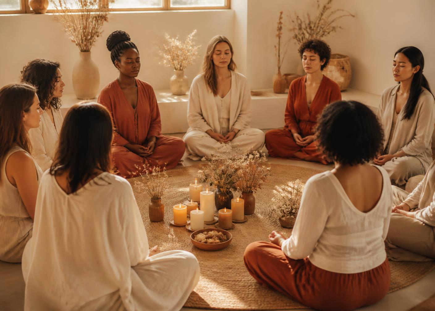 Círculo de mujeres meditando en una sala luminosa con velas y flores secas
