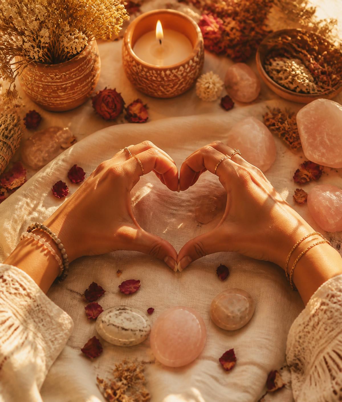 Manos de mujer formando un corazón sobre lino, rodeadas de flores secas y cuarzos rosados